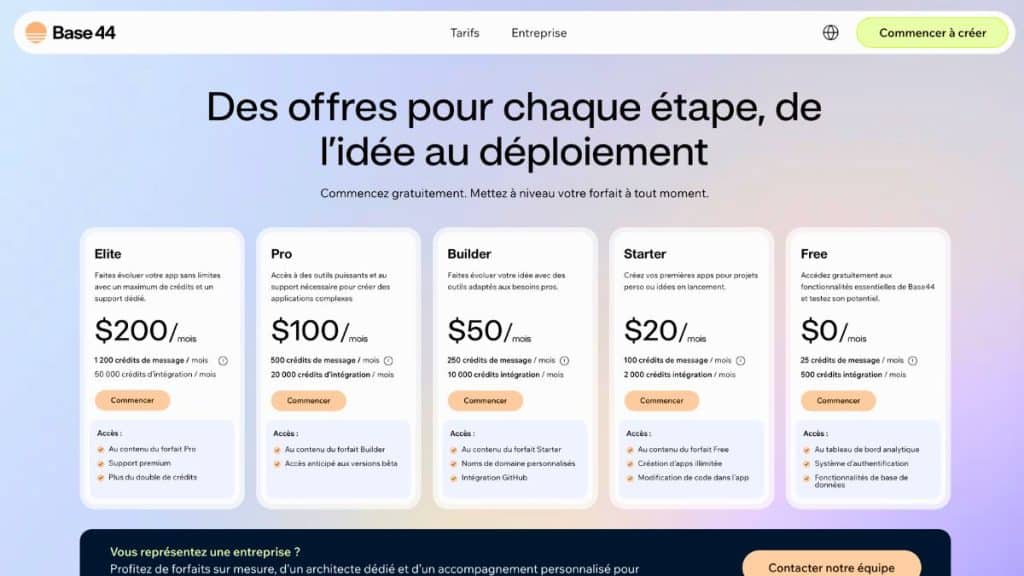 Tarifs Base44 2026 - plans Free Starter Builder Pro et Elite