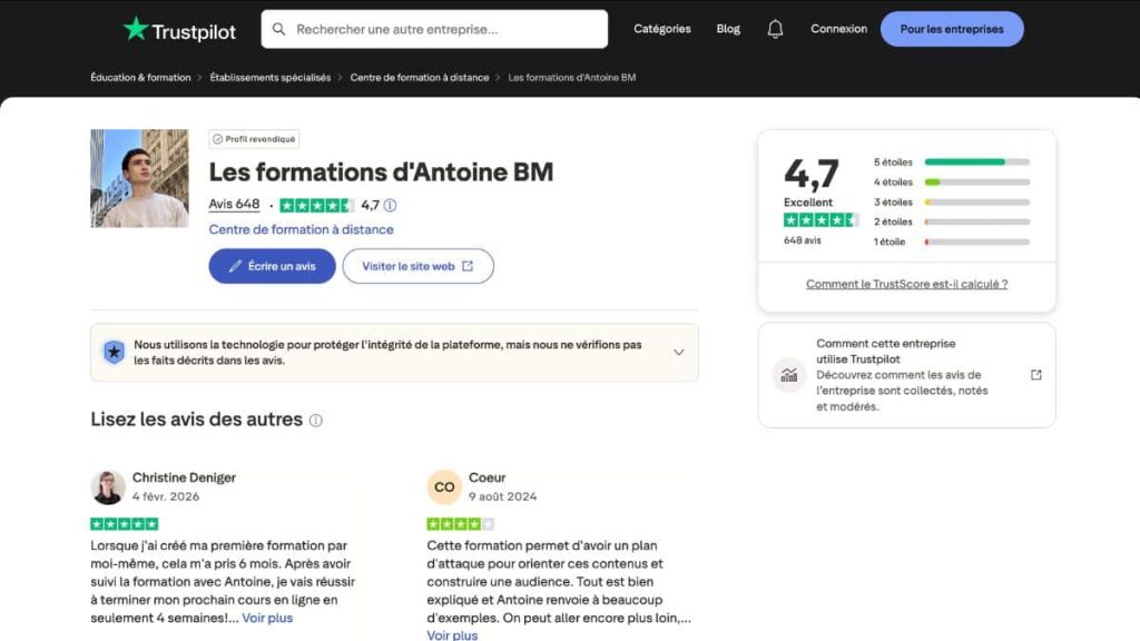 Trustpilot formations Antoine BM note 4,7 sur 5 648 avis