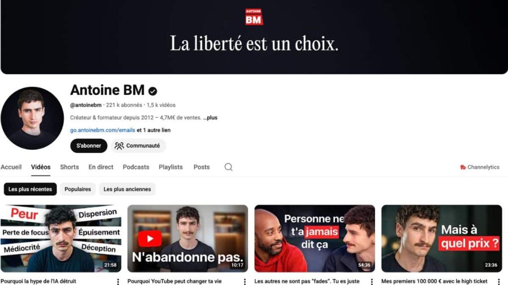 chaîne YouTube Antoine BM 221k abonnés formateur depuis 2012