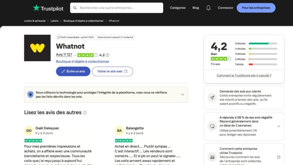Whatnot avis sur Trustpilot : note de 4,2/5 sur plus de 11 000 avis