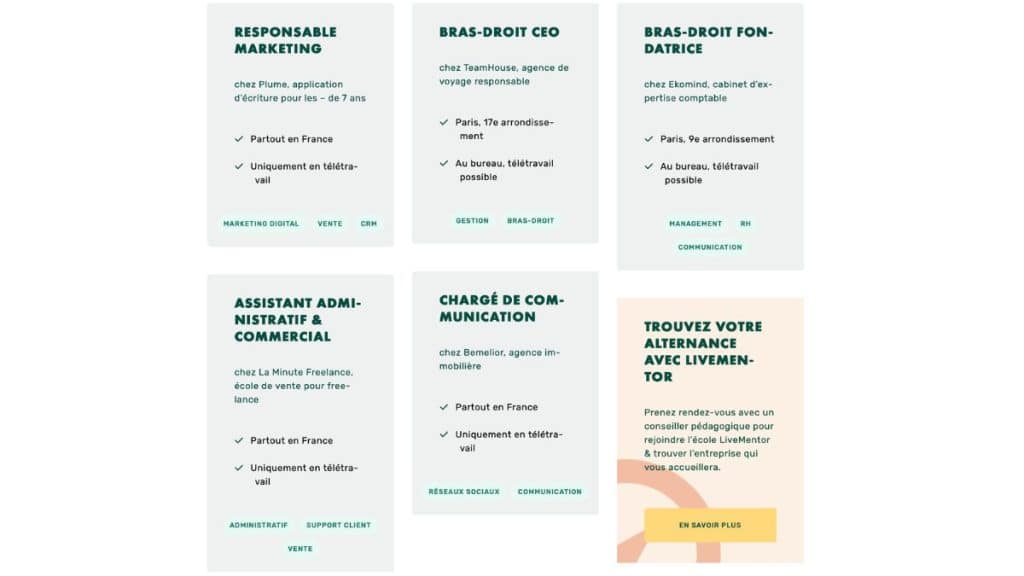 Exemples d’offres d’entreprises proposées aux alternants LiveMentor en présentiel et en télétravail