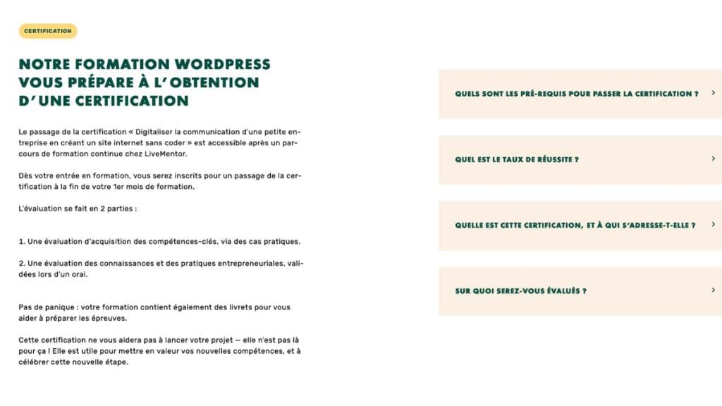 Programme de la formation WordPress LiveMentor avec 82 cours vidéo et 3 mois d’accompagnement personnalisé