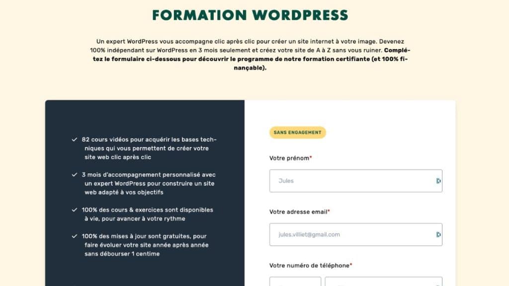 Programme de la formation WordPress LiveMentor avec 82 cours vidéo et 3 mois d’accompagnement personnalisé
