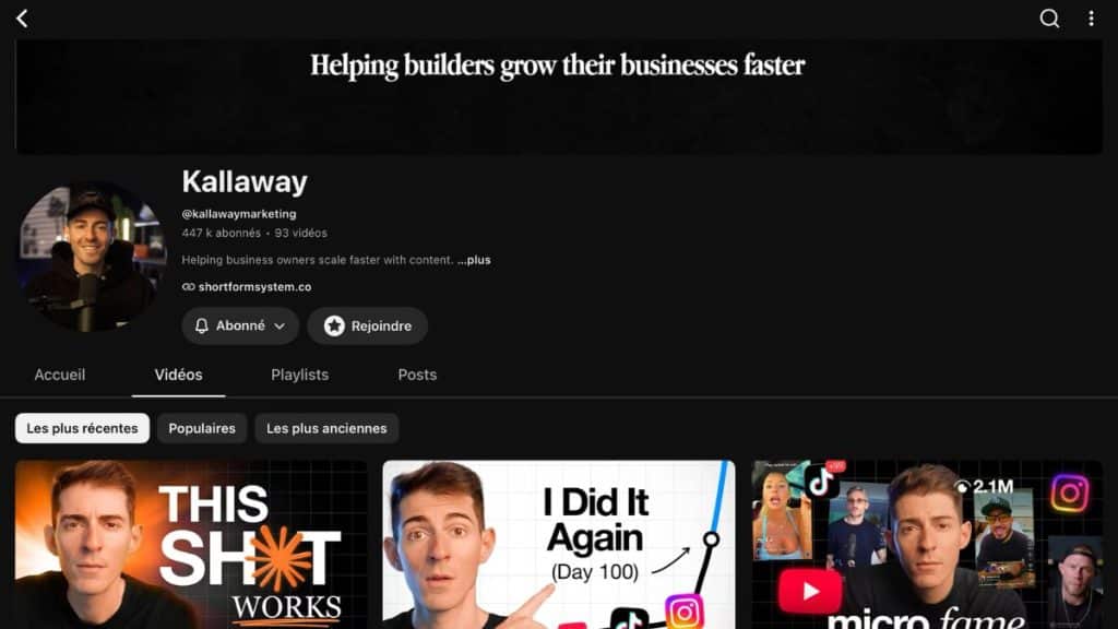 Profil youtube @kallawaymarketing de Kane Kallaway, co-fondateur de Sandcastles AI, 447 000 abonnés