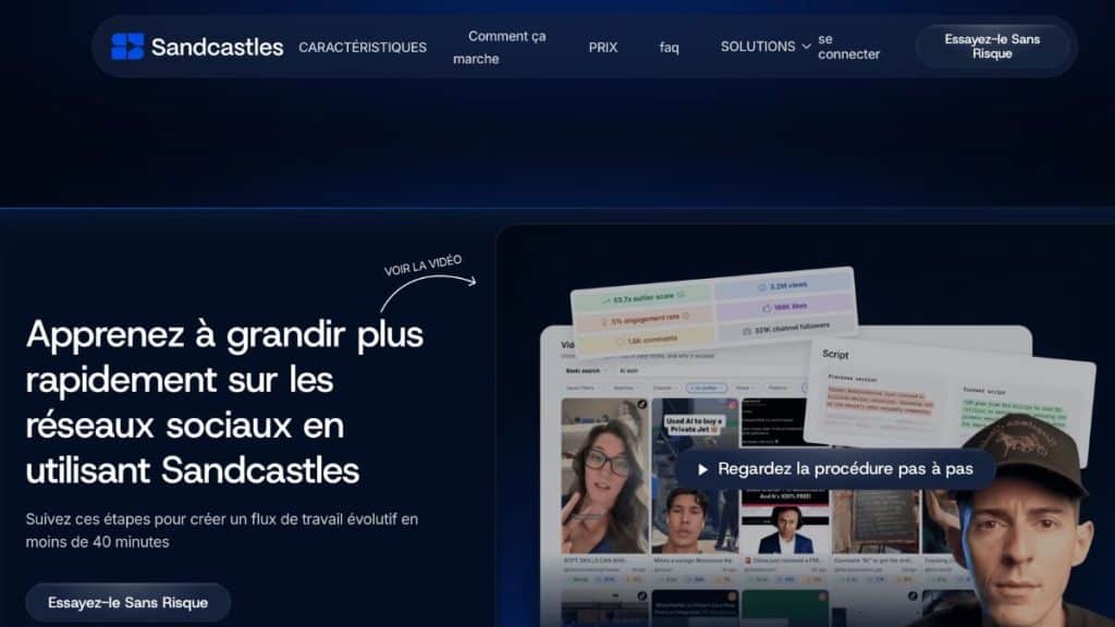 Section tutoriel de Sandcastles AI montrant le flux de travail en 40 minutes, avec scores outliers et comparaison de scripts