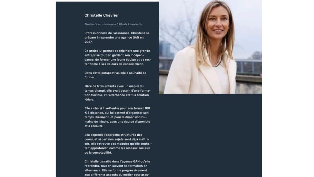 Témoignage de Christelle Chevrier, professionnelle de l’assurance en formation en alternance chez LiveMentor