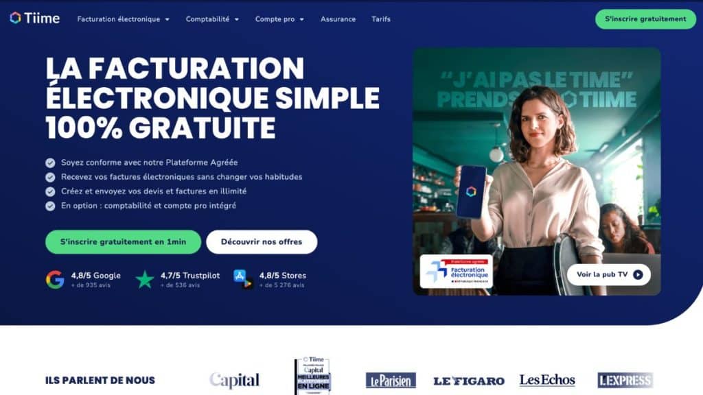 Page d'accueil de Tiime avec notes et avis 4,8/5 Google et 4,7/5 Trustpilot, mentionné par Capital, Le Figaro et Les Echos