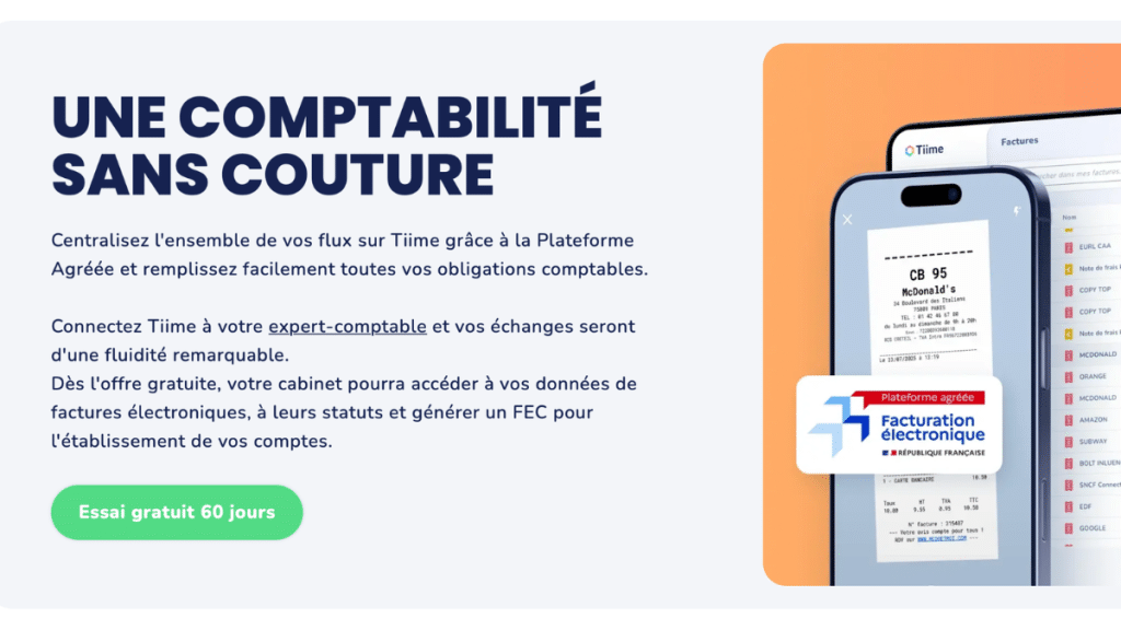 Interface Tiime montrant la centralisation des justificatifs et le badge Plateforme Agréée facturation électronique