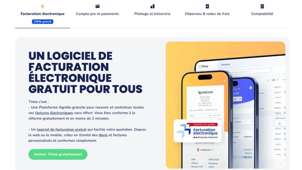 Interface Tiime montrant la facturation électronique gratuite avec badge Plateforme Agréée facturation électronique