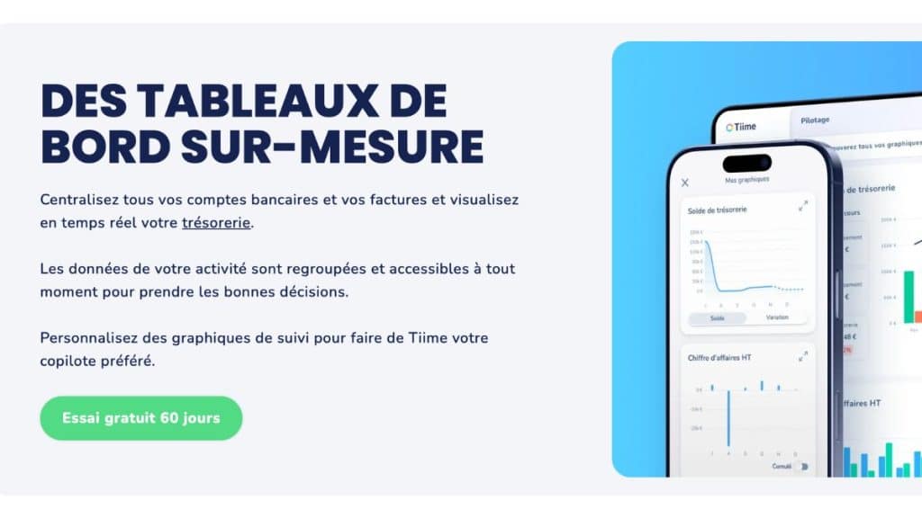 Tableaux de bord Tiime sur mobile affichant le solde de trésorerie et le chiffre d'affaires HT