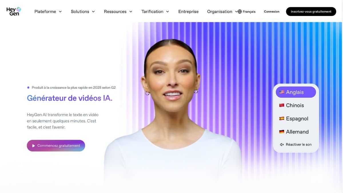Page d'accueil de Heygen montrant un avatar IA féminin avec options de traduction en anglais, chinois, espagnol et allemand