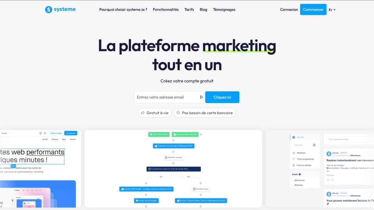 Capture de la page d’accueil de Systeme.io avec le slogan “La plateforme marketing tout-en-un” et le formulaire d’inscription gratuite