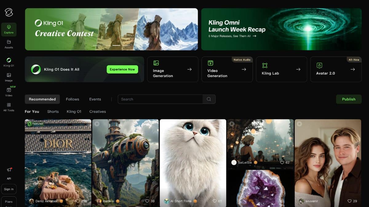 Interface principale Kling AI montrant les modules Image Generation, Video Generation avec Native Audio, Kling Lab et Avatar 2.0
