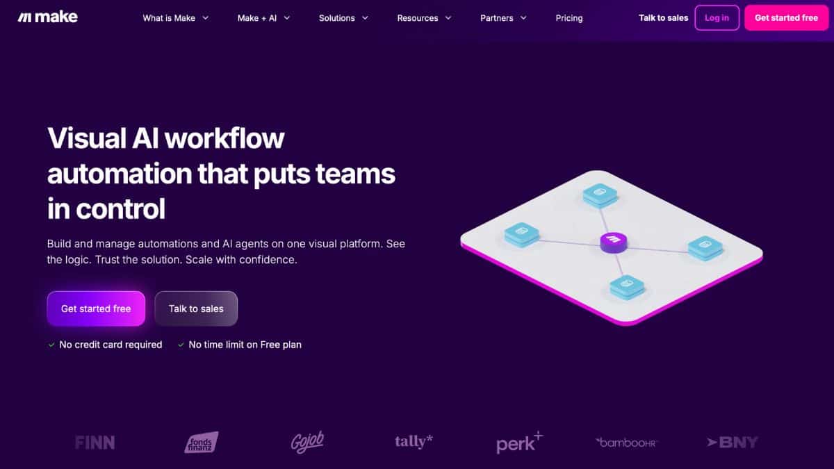 Page d'accueil de Make.com, plateforme d'automatisation visuelle de workflows IA sans carte bancaire requise