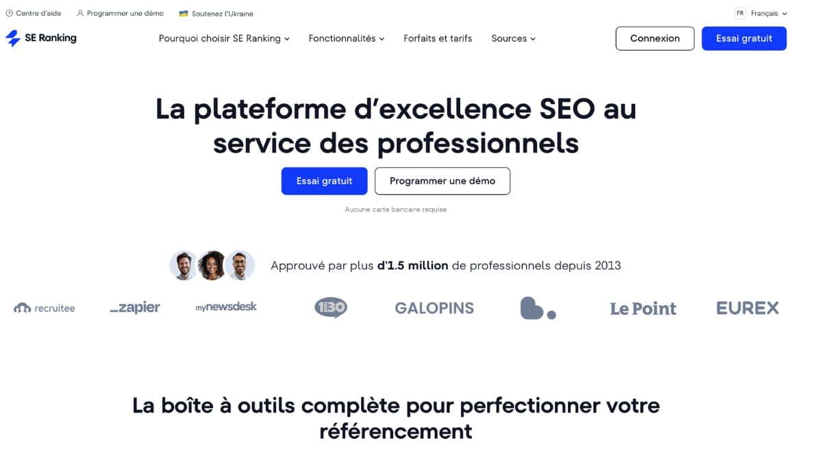 Page d'accueil de SE Ranking, plateforme d'excellence SEO approuvée par plus d'1,5 million de professionnels depuis 2013