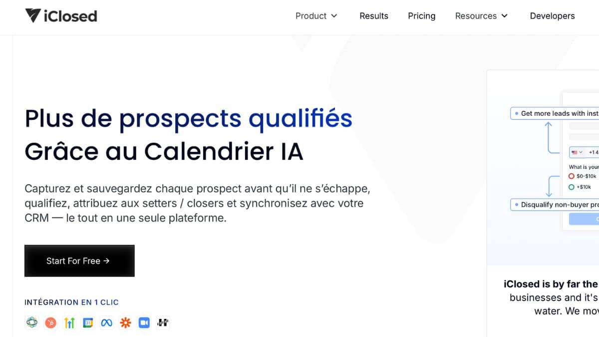 Interface iClosed en francais plus de prospects qualifies grace au calendrier IA