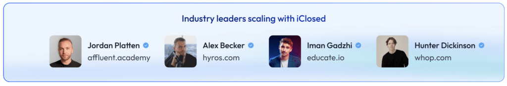 Leaders utilisant iClosed : Jordan Platten d'Affluent Academy, Alex Becker de Hyros, Iman Gadzhi d'Educate.io et Hunter Dickinson de Whop.com