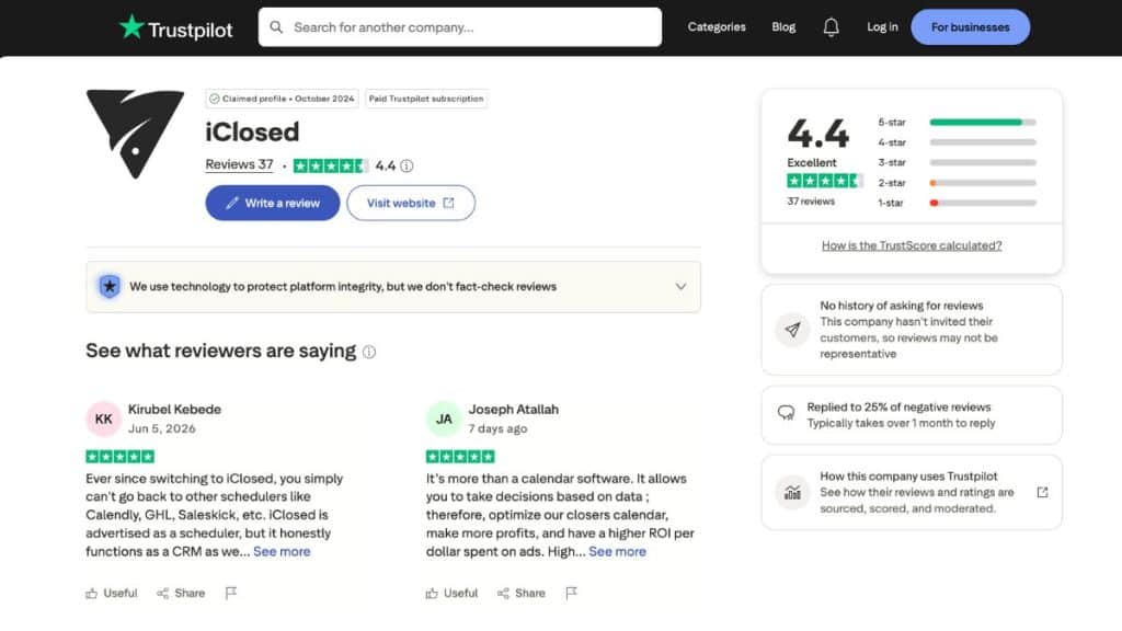 Page Trustpilot iClosed affichant une note de 4,4 sur 5 avec 37 avis clients vérifiés