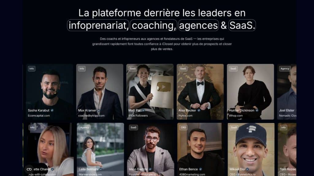 Utilisateurs iClosed : Sasha Karabut, Max Kramer, Iman Gadzhi, Alex Becker, Hunter Dickinson et d'autres leaders high-ticket