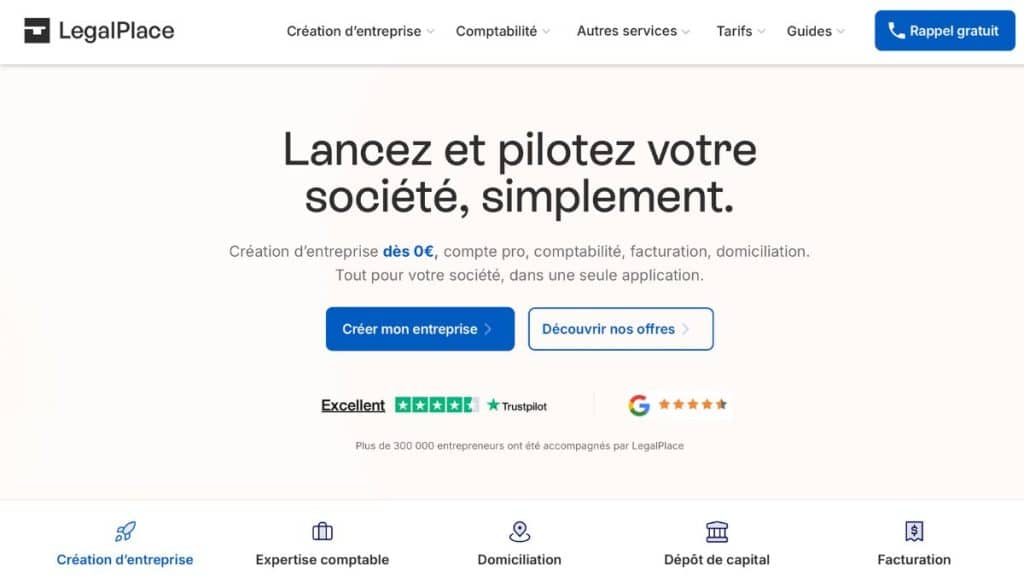Page d’accueil LegalPlace présentant la création d’entreprise, la comptabilité, la domiciliation, le dépôt de capital et la facturation