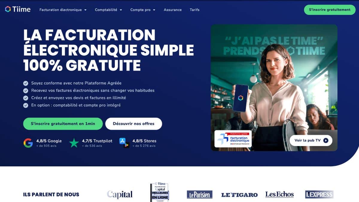 Page d'accueil de Tiime avec notes 4,8/5 Google et 4,7/5 Trustpilot, mentionné par Capital, Le Figaro et Les Echos